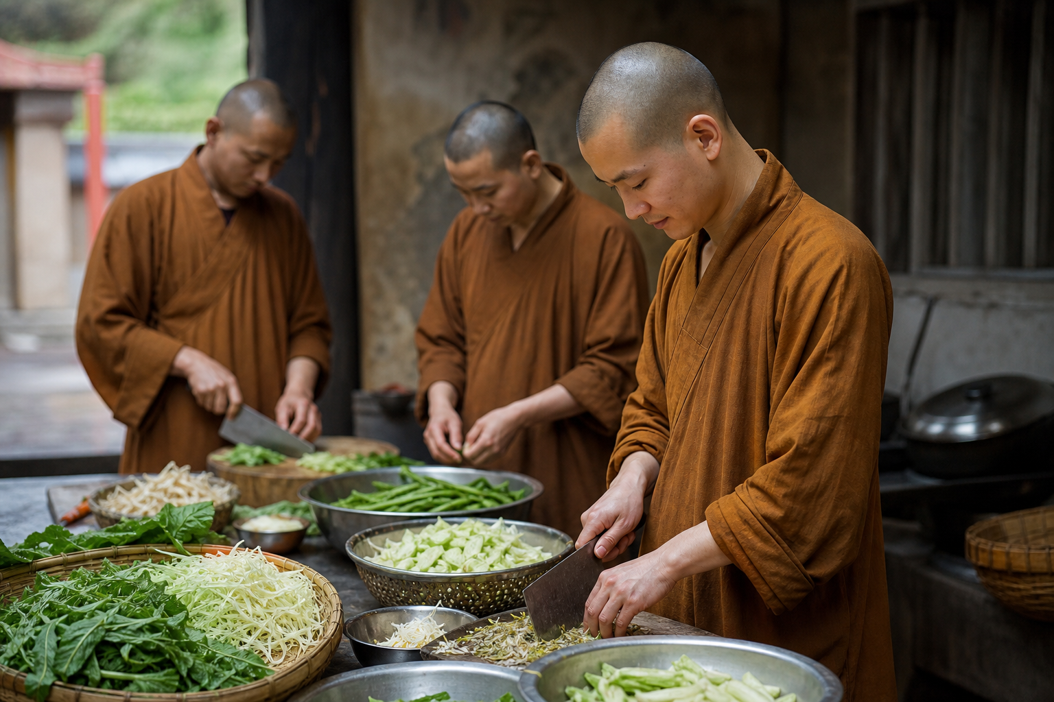 佛教僧侣准备素食,体现不杀生的戒律。