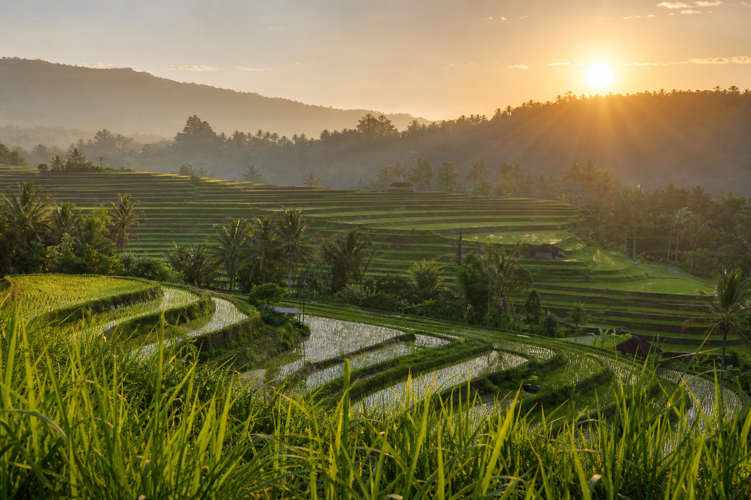Pemandangan sawah terasering di Bali, menunjukkan lanskap pertanian yang subur di Indonesia.