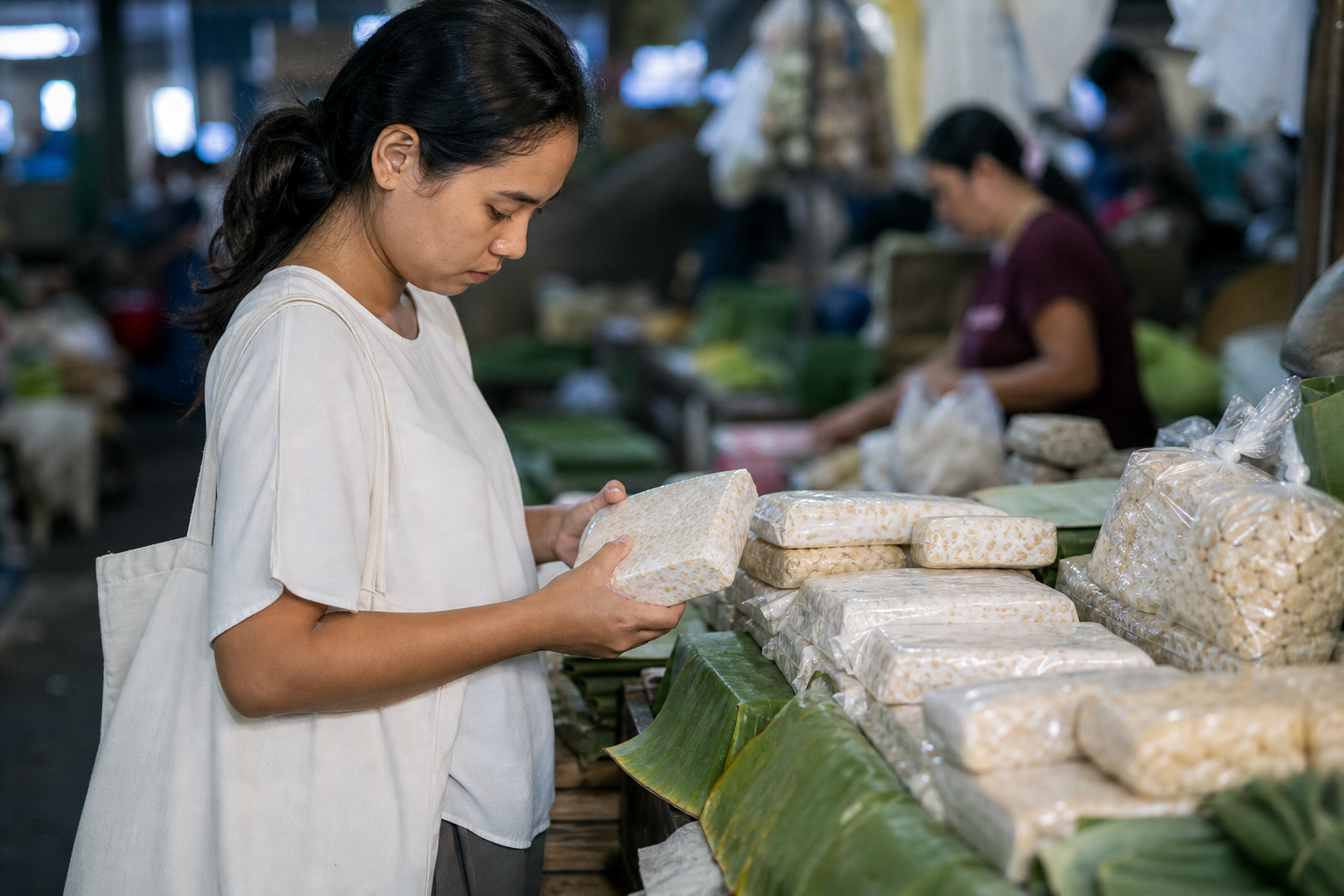 Seorang wanita memilih tempe di pasar tradisional Indonesia, menunjukkan keanekaragaman produk nabati yang tersedia.