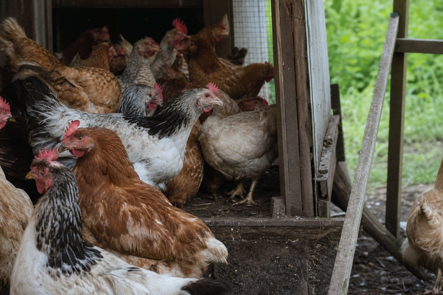 Overcrowded conditions in a backyard coop can lead to stress and disease.