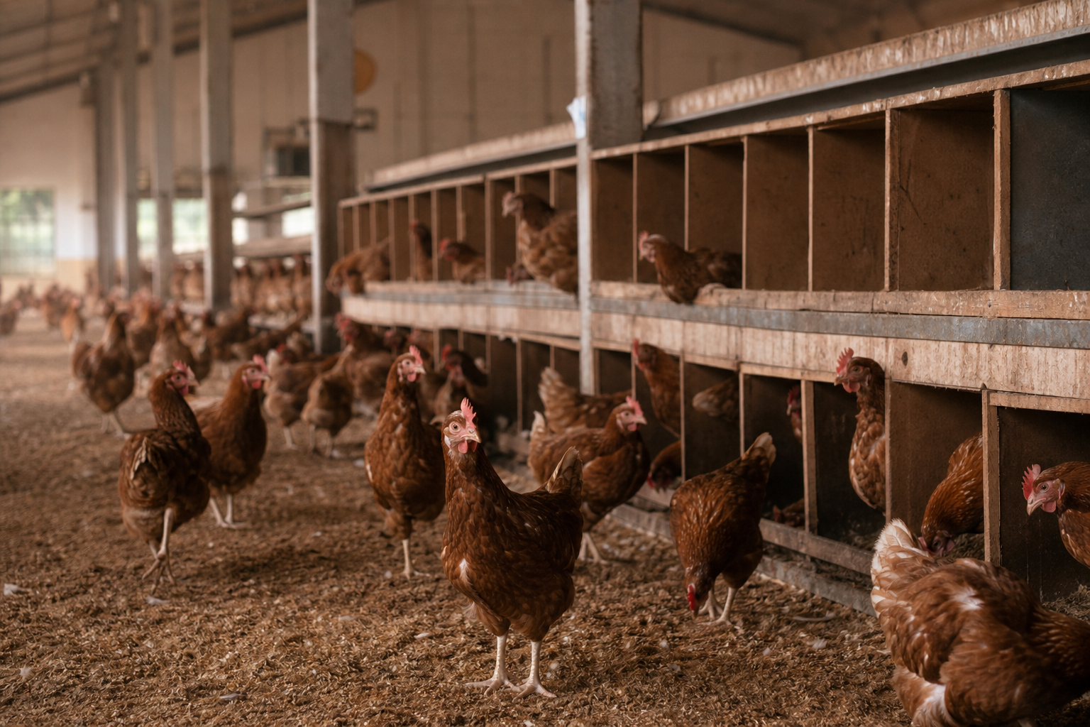 Barn-laid systems offer more space than traditional cages but can still present welfare challenges.