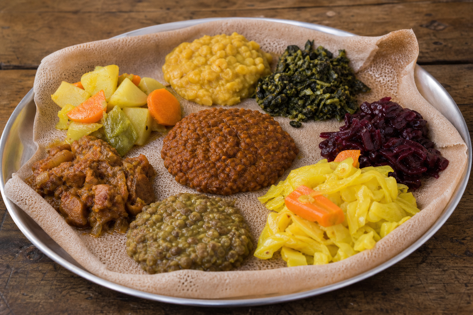 ኢንጀራ ከብዙ የኢትዮጵያ የቬጀቴሪያን ምግቦች ጋር የሚቀርብ ዋና ምግብ ነው።
