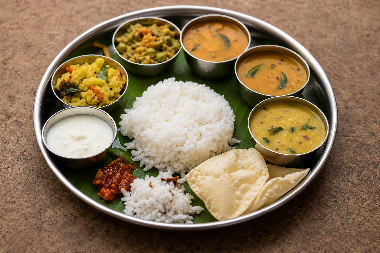 பாரம்பரிய தென்னிந்திய தாழியில் அரிசி, காய்கறிகள் மற்றும் பருப்பு வகைகள் அடங்கிய உணவு.