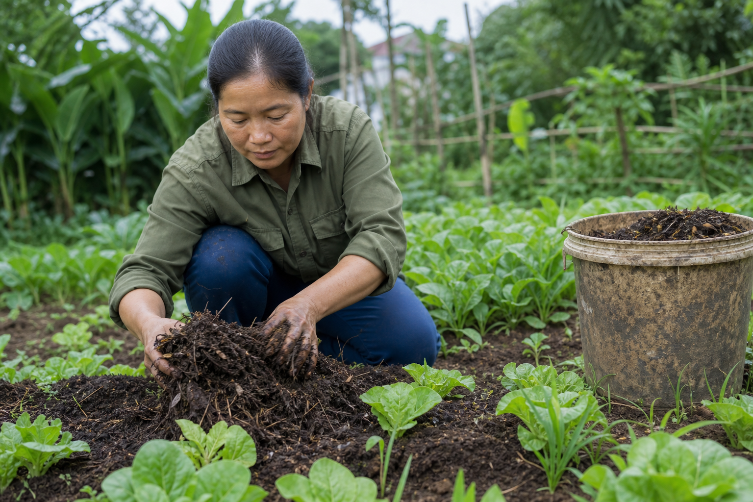 Người nông dân Việt Nam đang trộn phân hữu cơ vào đất trồng rau, một phương pháp giảm thiểu ô nhiễm nguồn nước.