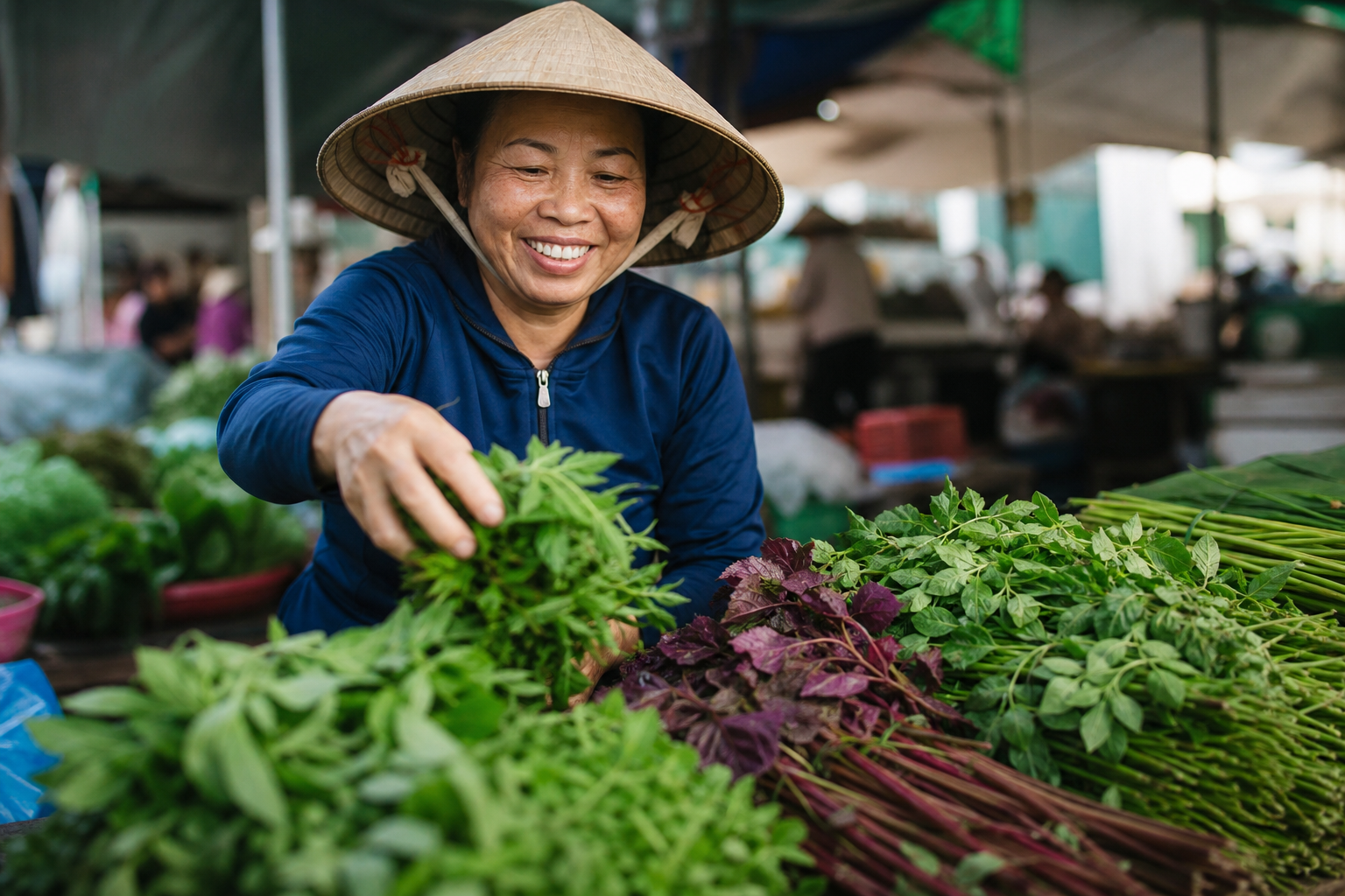 Các loại rau thơm tươi ngon tại chợ truyền thống Việt Nam, minh chứng cho tiềm năng nông nghiệp sạch.