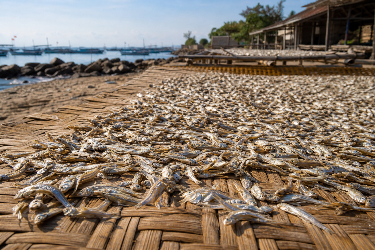 Ikan teri yang dijemur di bawah sinar matahari adalah camilan kaya kalsium yang populer di banyak daerah pesisir Indonesia.
