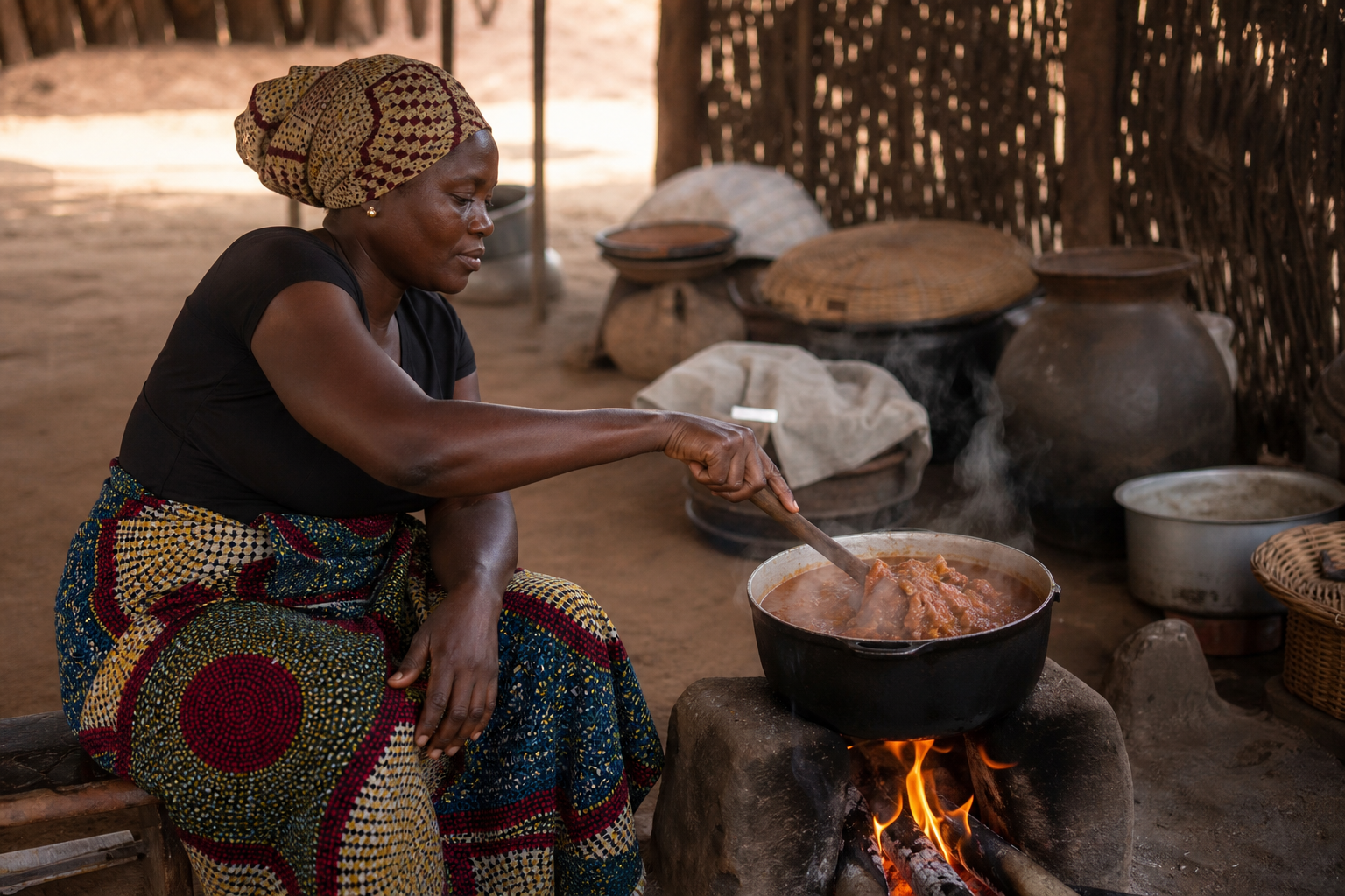 Wata mata tana dafawa a tukunya a kan wuta, tana nuna hanyar dafa abinci ta gargajiya da za a iya yi cikin lafiya.