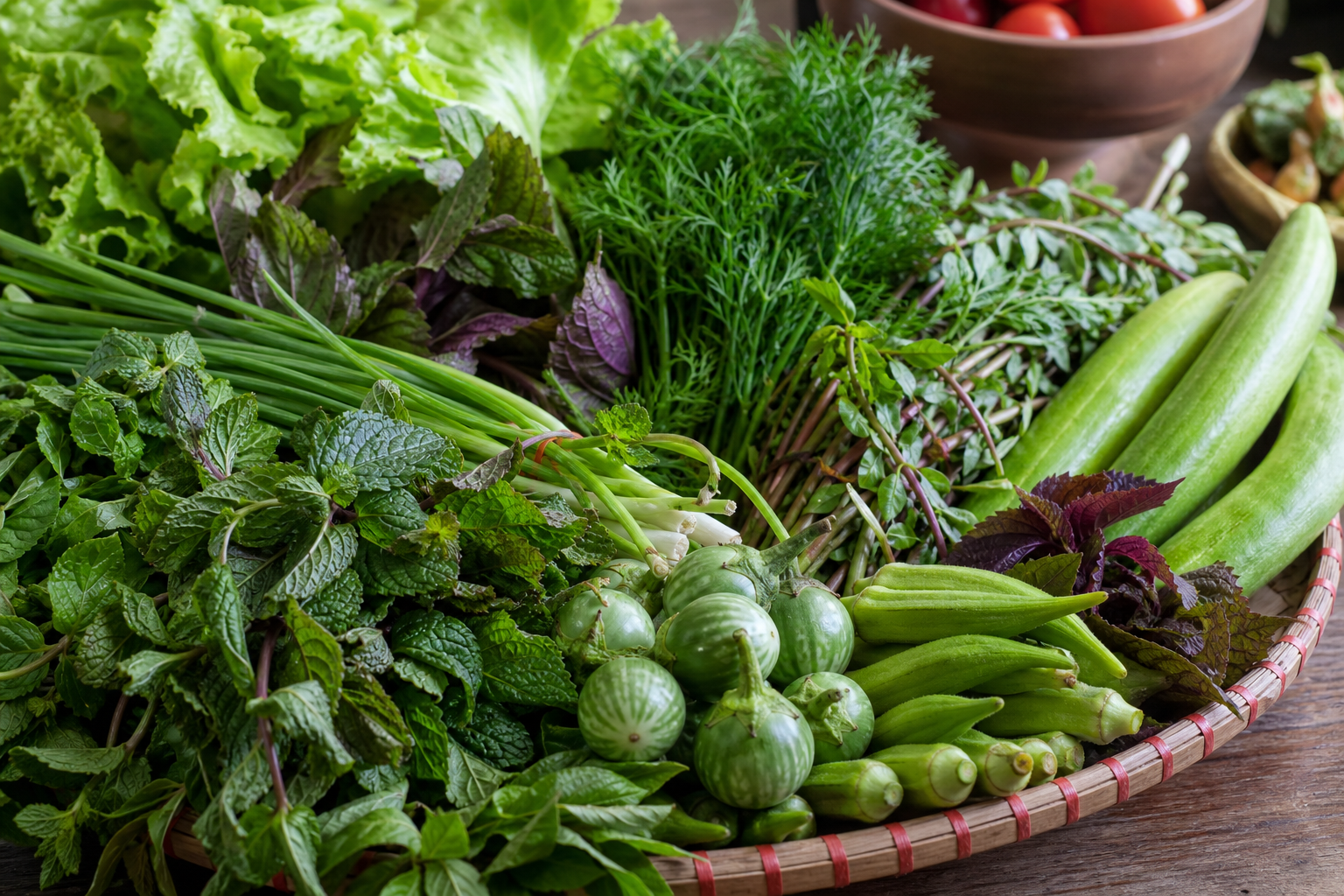 Các loại rau thơm và rau củ tươi là nguồn dinh dưỡng phong phú, bao gồm cả sắt.