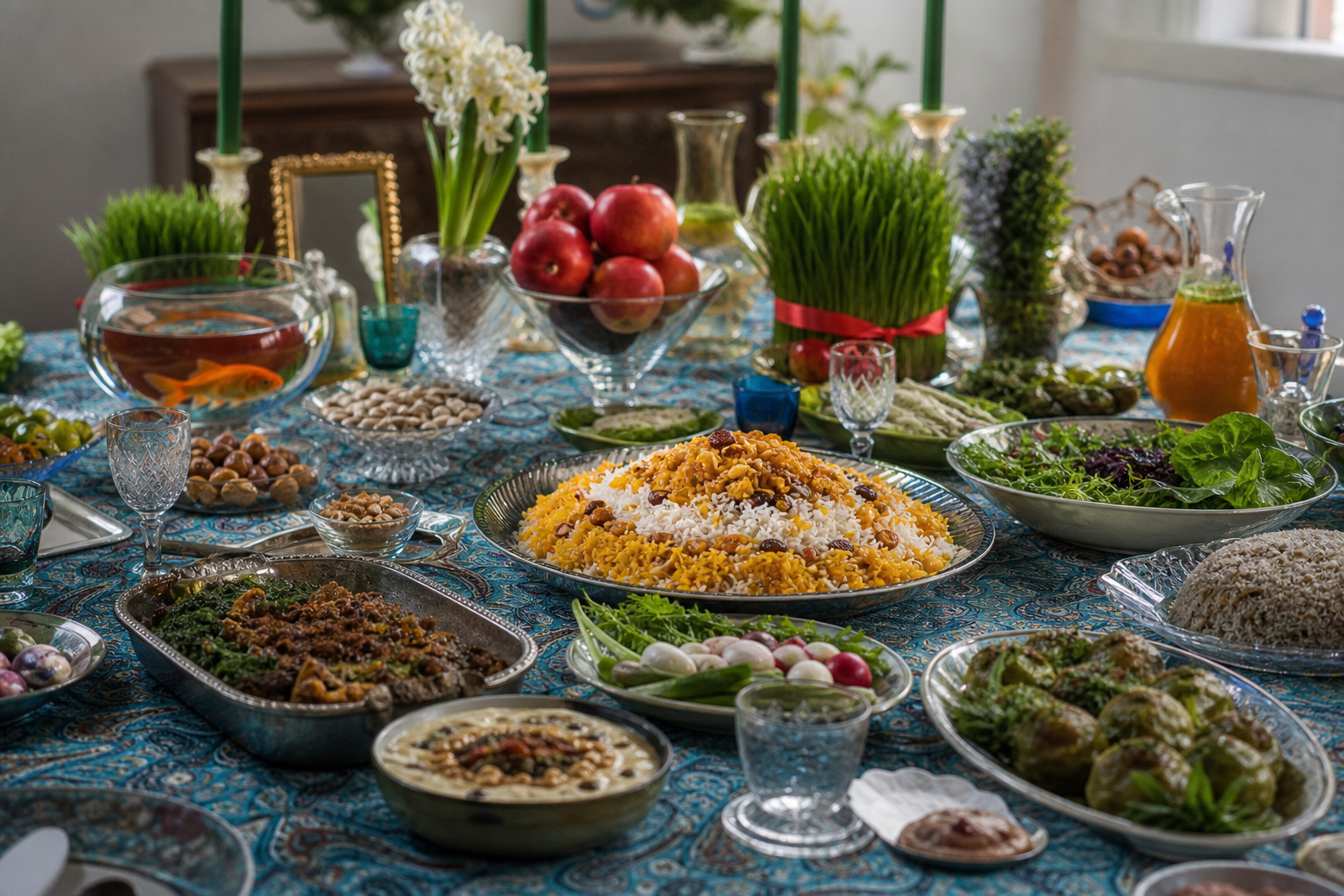سفره هفت سین نوروزی با غذاهای سنتی ایرانی