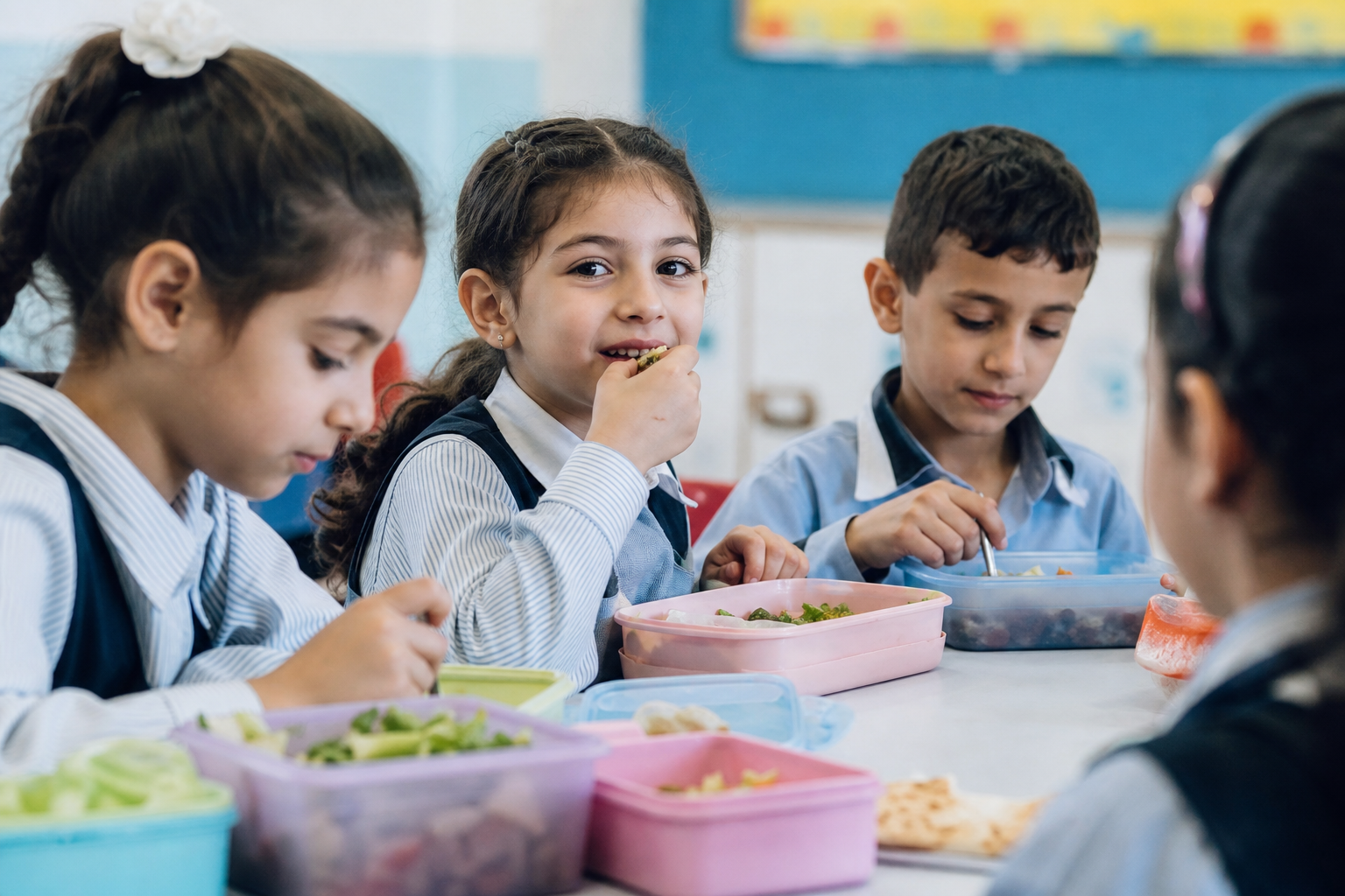 أطفال يتناولون الغداء على طاولة في مدرسة بالشرق الأوسط