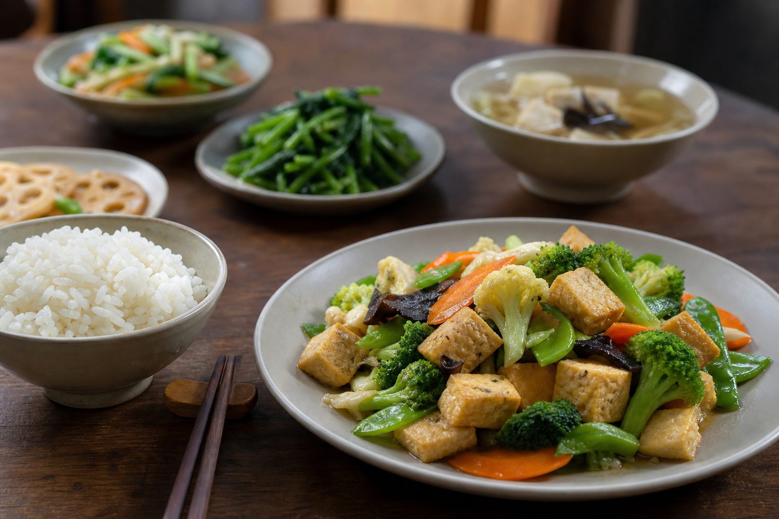 一份典型的佛教素食餐,包含米饭、豆腐和各类蔬菜。