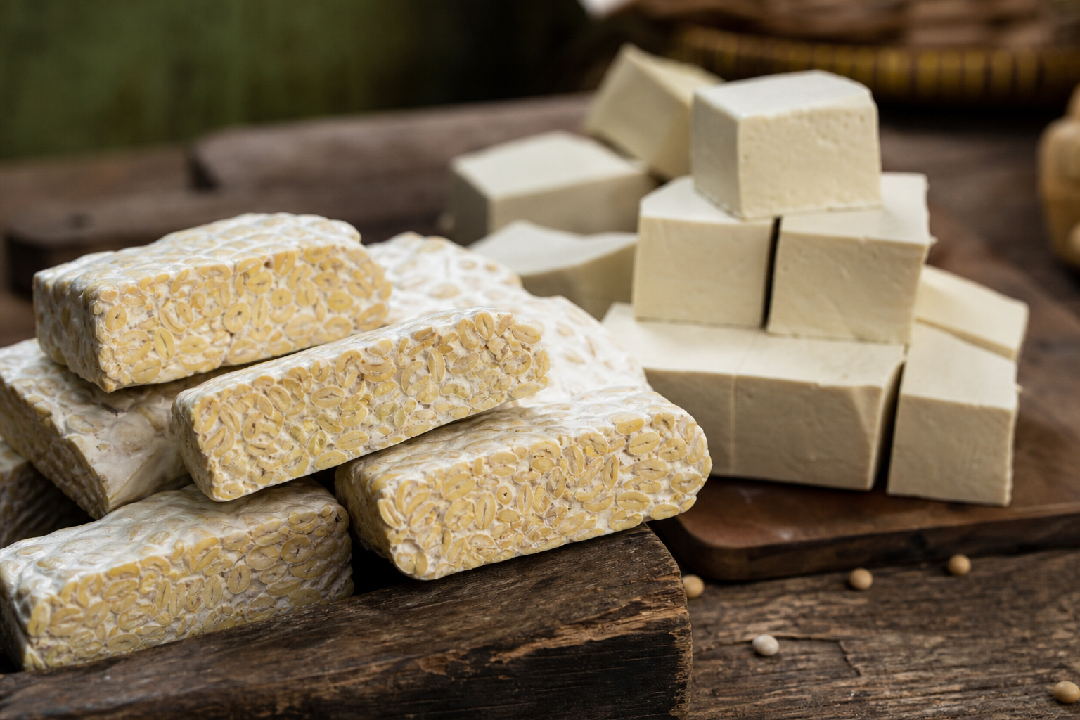 Tumpukan tempe dan tahu segar yang siap diolah, menunjukkan keindahan bahan makanan nabati Indonesia.