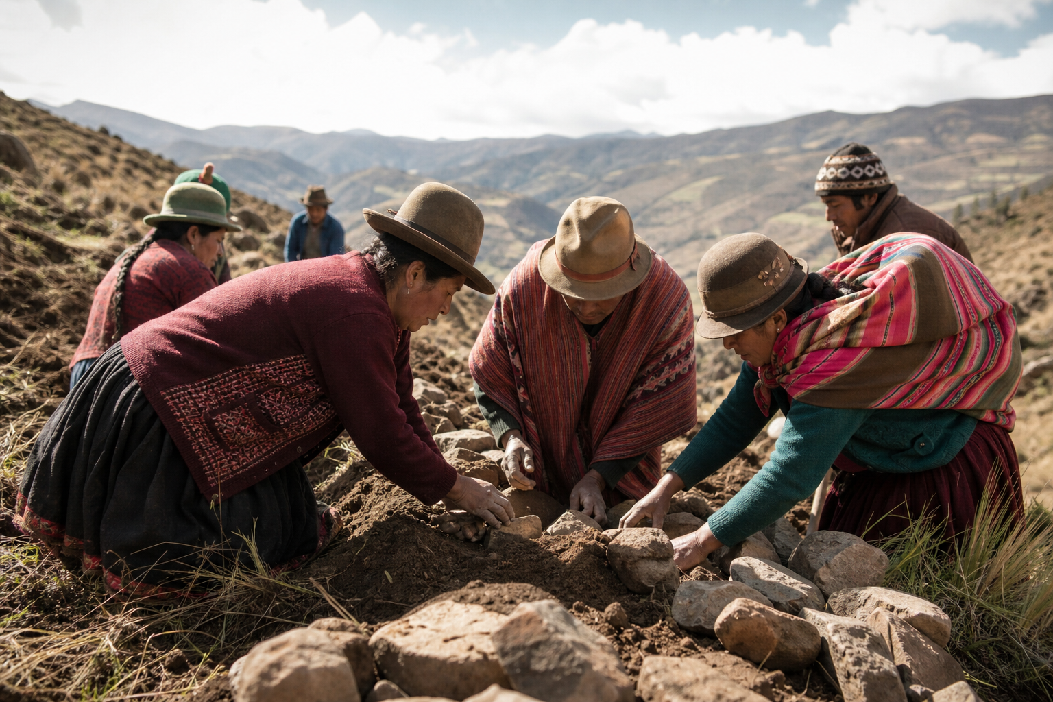 Andes urqukunapi runakuna tinkuykuna llamk'ay. Kayqa allin kawsaypata allichanapaq, kawsay pachata allinneqta churanapaq yanapan.