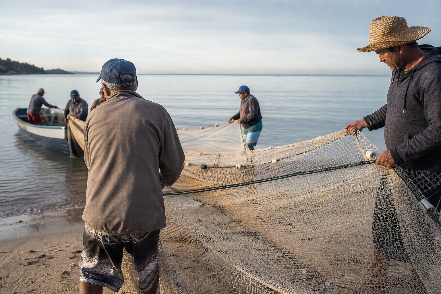 Comunidade pesqueira local utilizando redes tradicionais, um exemplo de pesca mais sustentável.