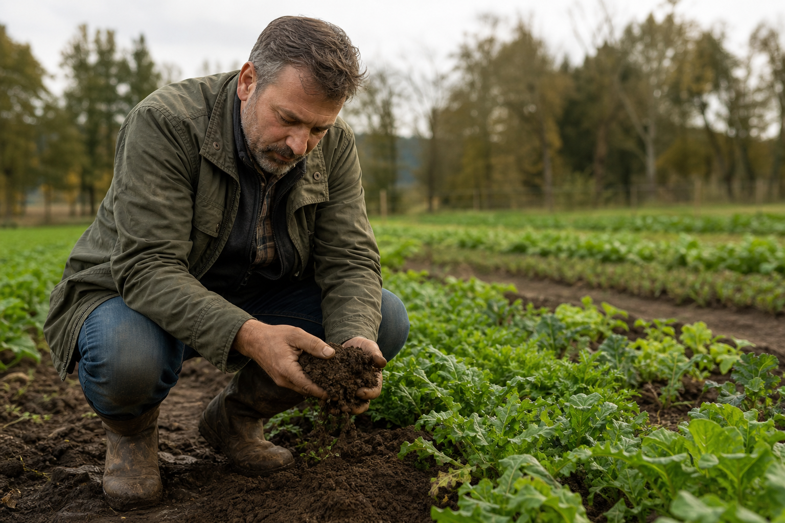 Der Landwirt auf Hof Bröckels prüft die Bodenqualität, die sich durch ökologische Bewirtschaftung verbessert hat.