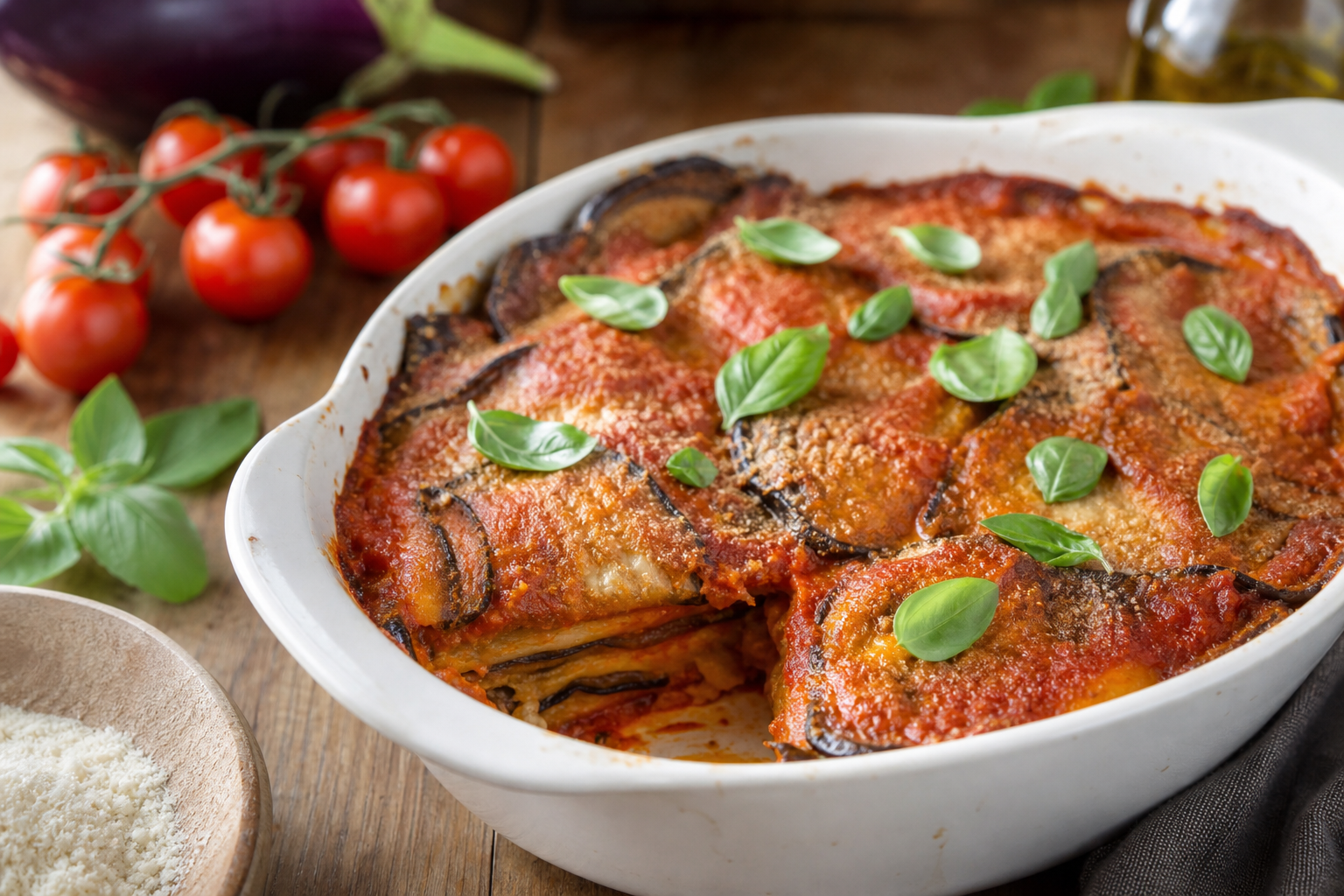 Una parmigiana di melanzane vegana, un classico rivisitato con ingredienti vegetali.