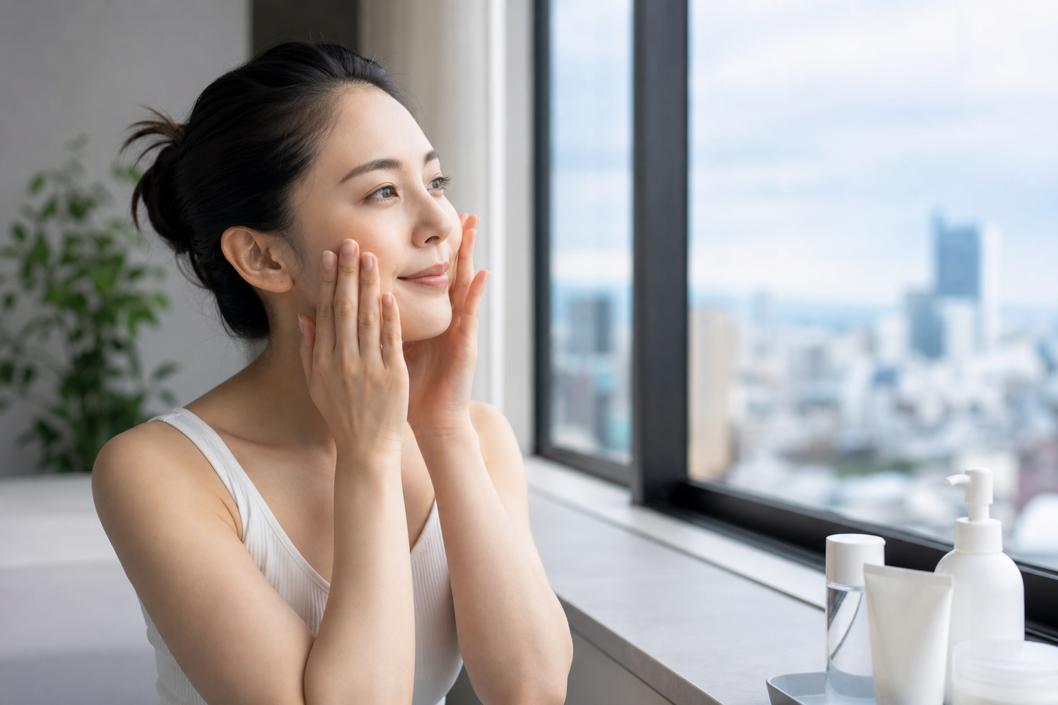 窓辺でスキンケアをする日本の女性