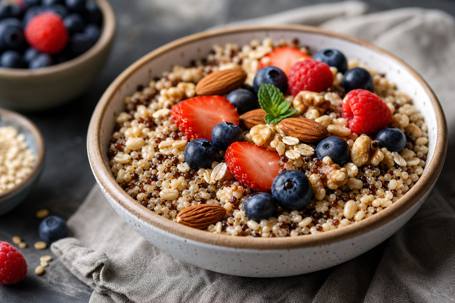 A vibrant bowl filled with various whole grains like quinoa, oats, and barley, topped with fresh berries and nuts, suggesting a healthy breakfast or meal.