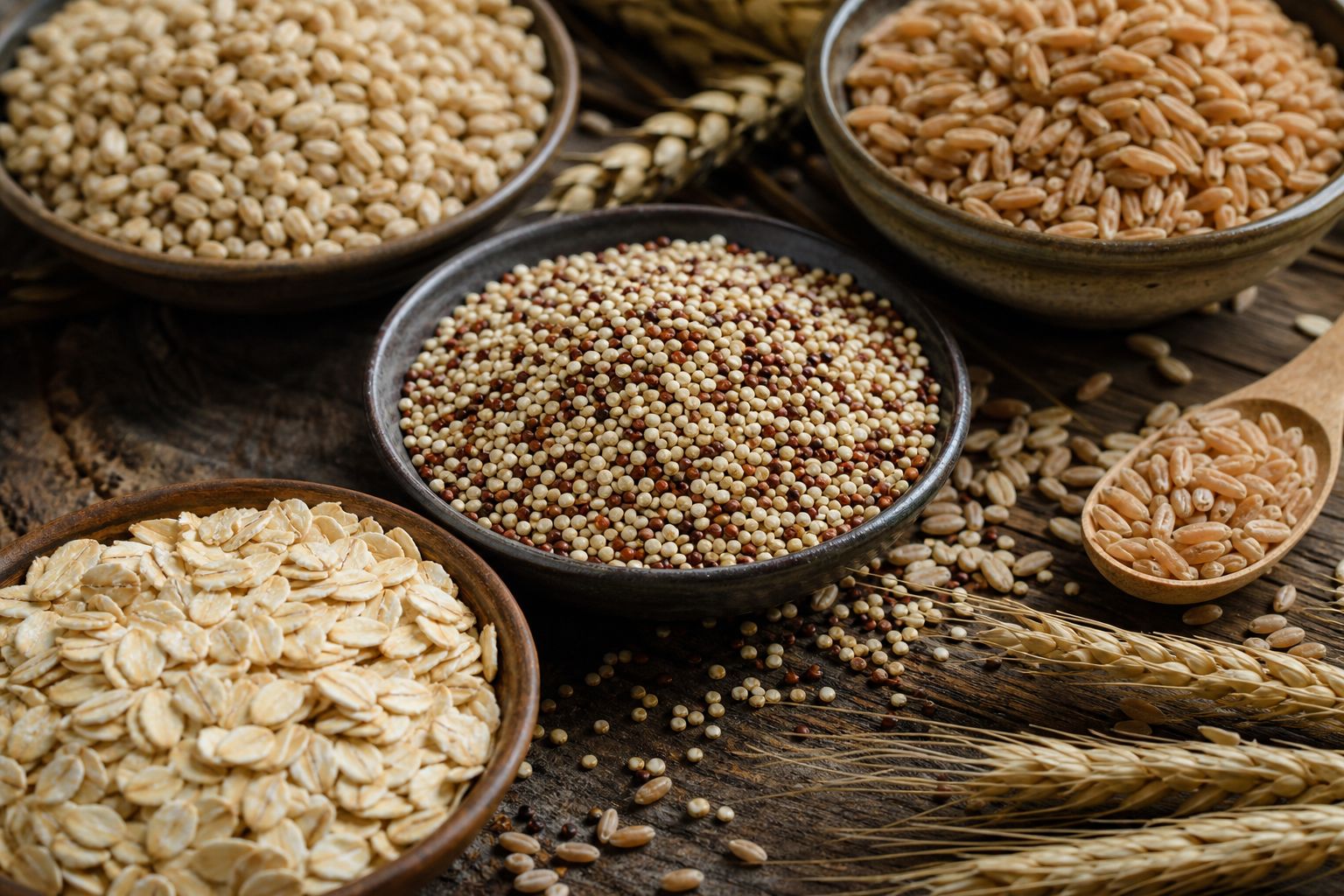 A diverse selection of whole grains, including oats, barley, quinoa, and farro, each offering unique nutritional profiles.