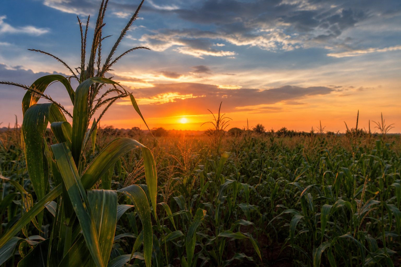 Shamba la mahindi katika machweo barani Afrika