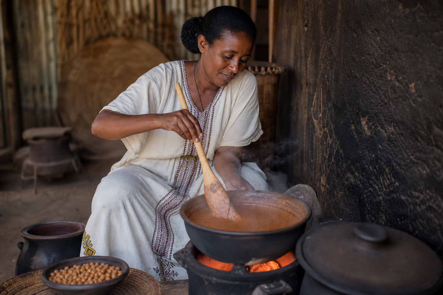 ሽሮ ወጥ በማዘጋጀት ላይ ያለች የኢትዮጵያ ሴት፣ የጾም ጊዜ ተወዳጅ ምግብ።