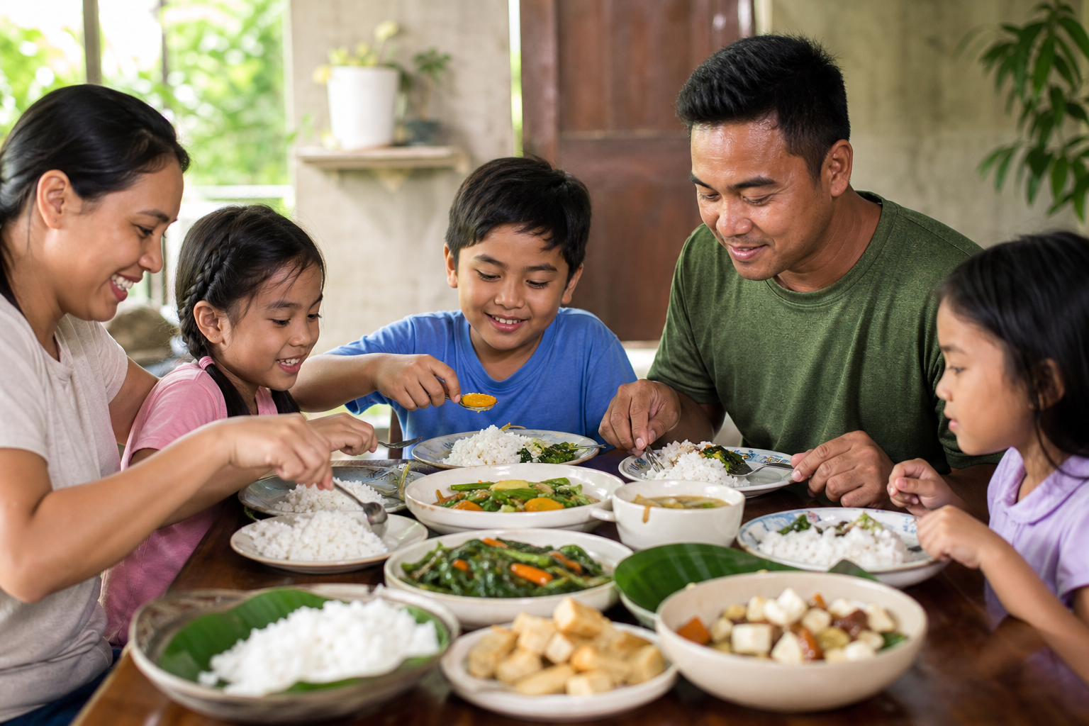 Isang pamilyang Pilipino na sabay-sabay na kumakain sa isang mesa na may kanin at iba't ibang gulay.