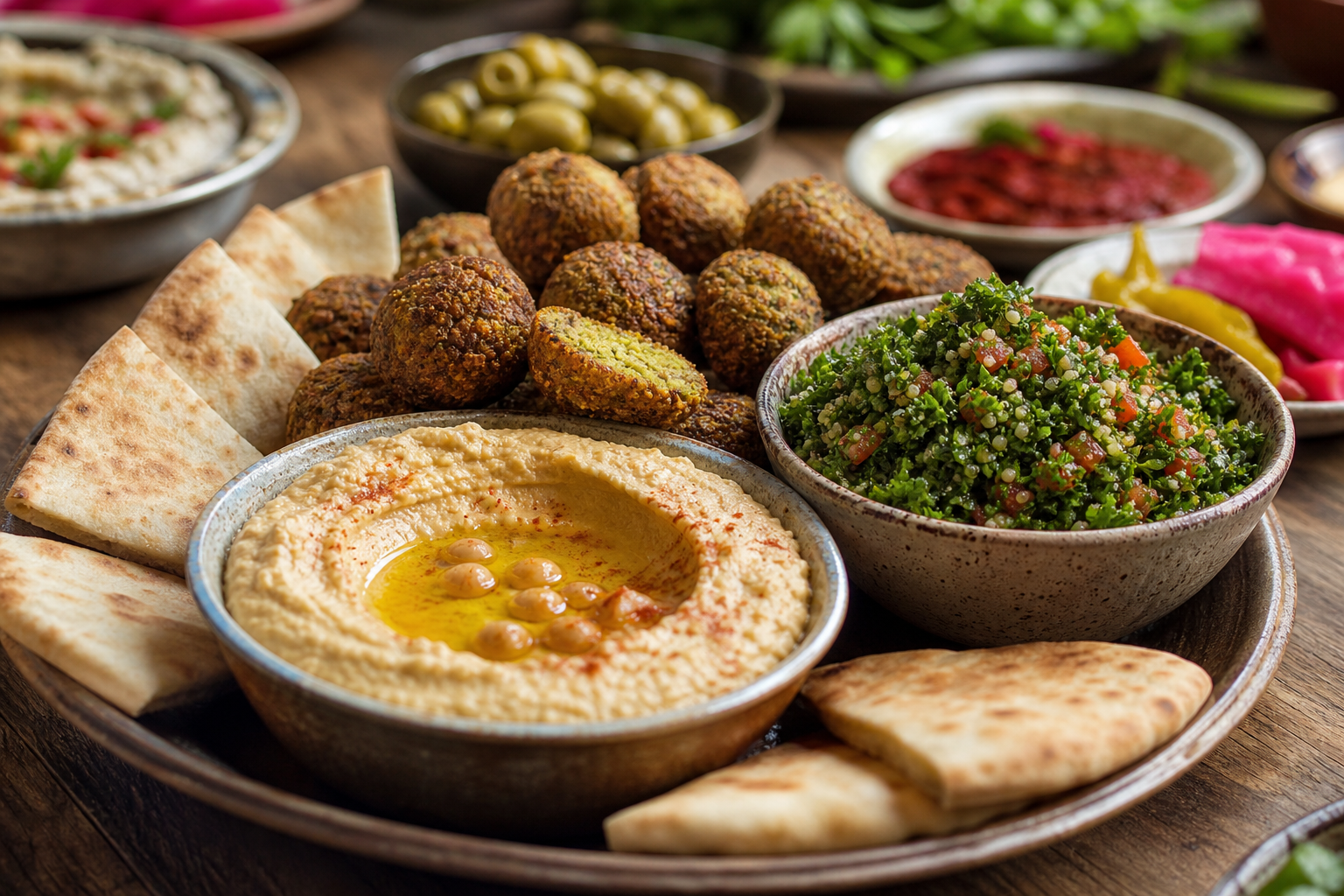 مجموعة متنوعة من المقبلات النباتية الشرق أوسطية (المزة) تقدم وليمة بصرية وذوقية.