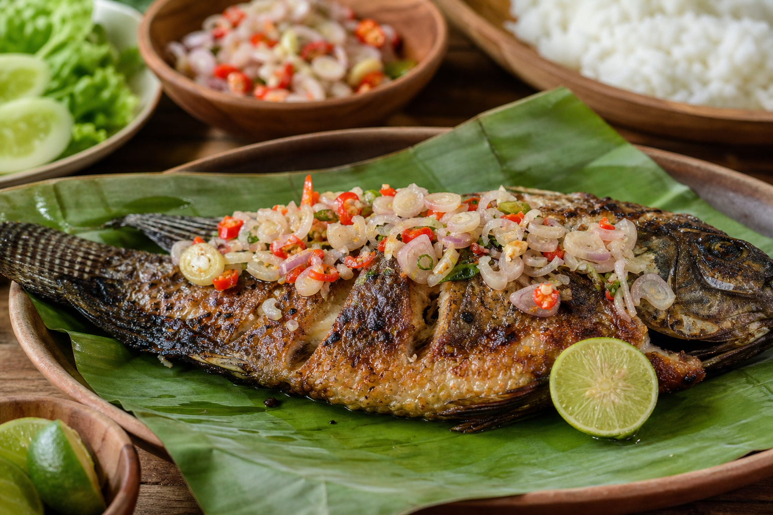Ikan tilapia bakar dengan sambal matah, hidangan populer yang menunjukkan keserbagunaan rasa tilapia dalam masakan Indonesia.