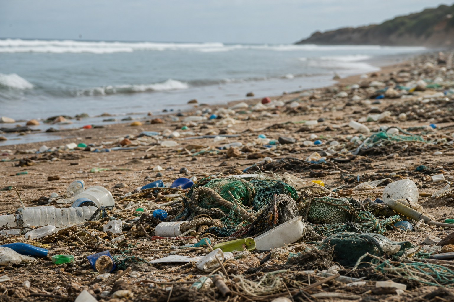 Sahile vuran plastik atıklar, deniz kirliliğinin boyutunu gösteriyor.