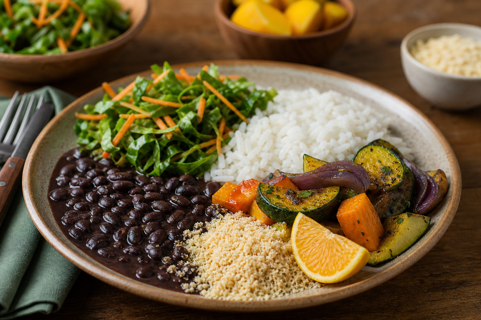 Um prato colorido de comida brasileira, com feijão, arroz e vegetais frescos, exemplifica uma refeição saborosa e amiga do ambiente.