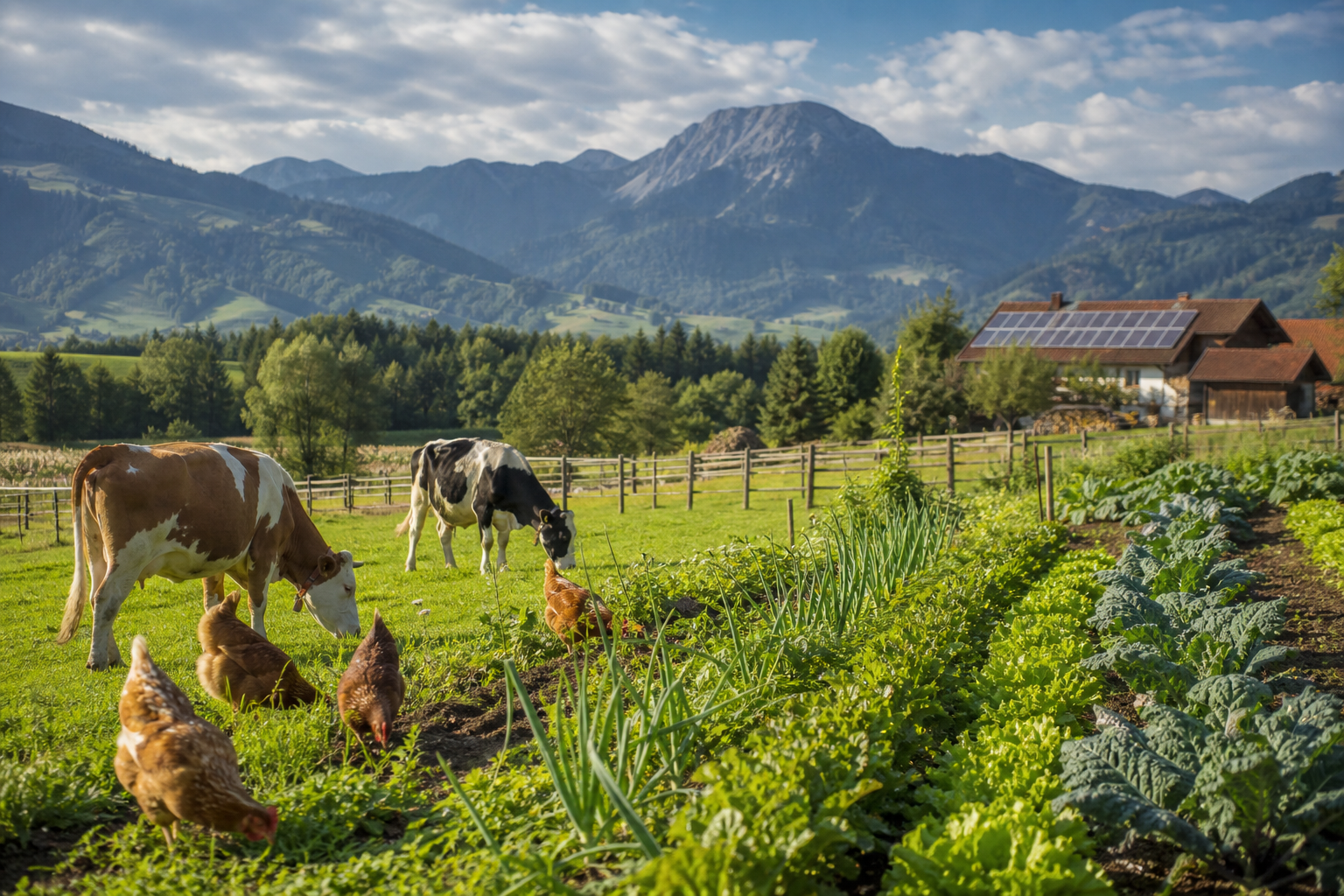 Ein Hof in Bayern, der auf vielfältige Fruchtfolgen und eine artgerechte Tierhaltung setzt, passt regenerative Prinzipien an lokale Gegebenheiten an.