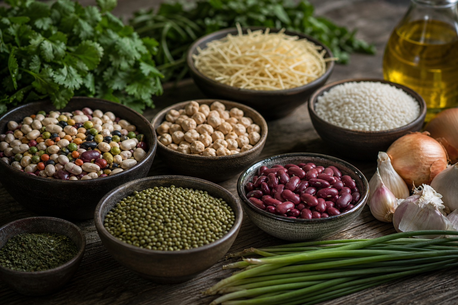 A colourful array of ingredients for Ash Reshteh, including various dried legumes, fresh herbs, and noodles, showcasing the wholesome nature of this Persian soup.