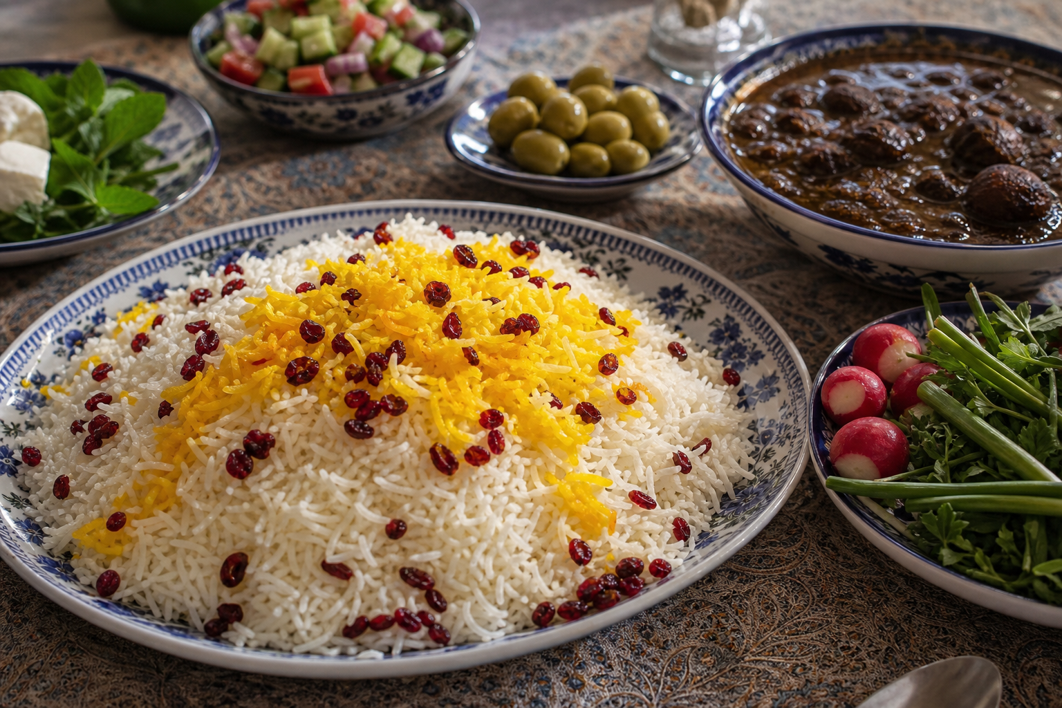 Fluffy steamed rice (chelow) prepared with saffron and barberries, the traditional accompaniment to Khoresht dishes, showcasing the complete meal experience.