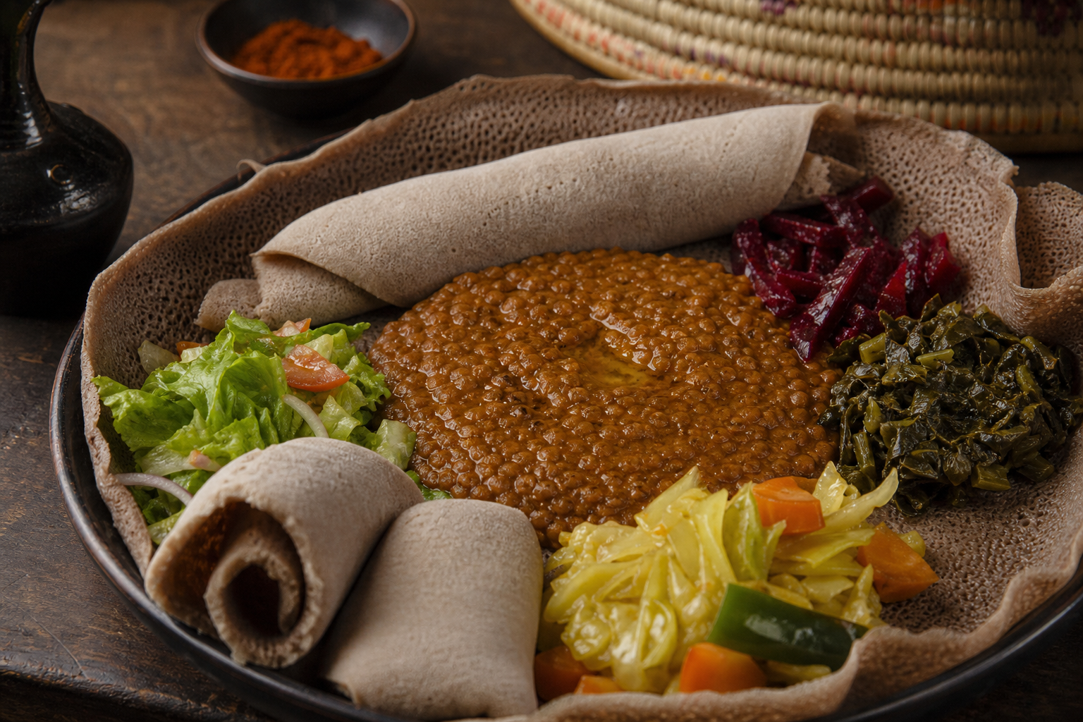 የኢትዮጵያ ባህላዊ የጾም ምግብ እንደ እንጀራ እና ሽሮ ከአትክልት ጋር