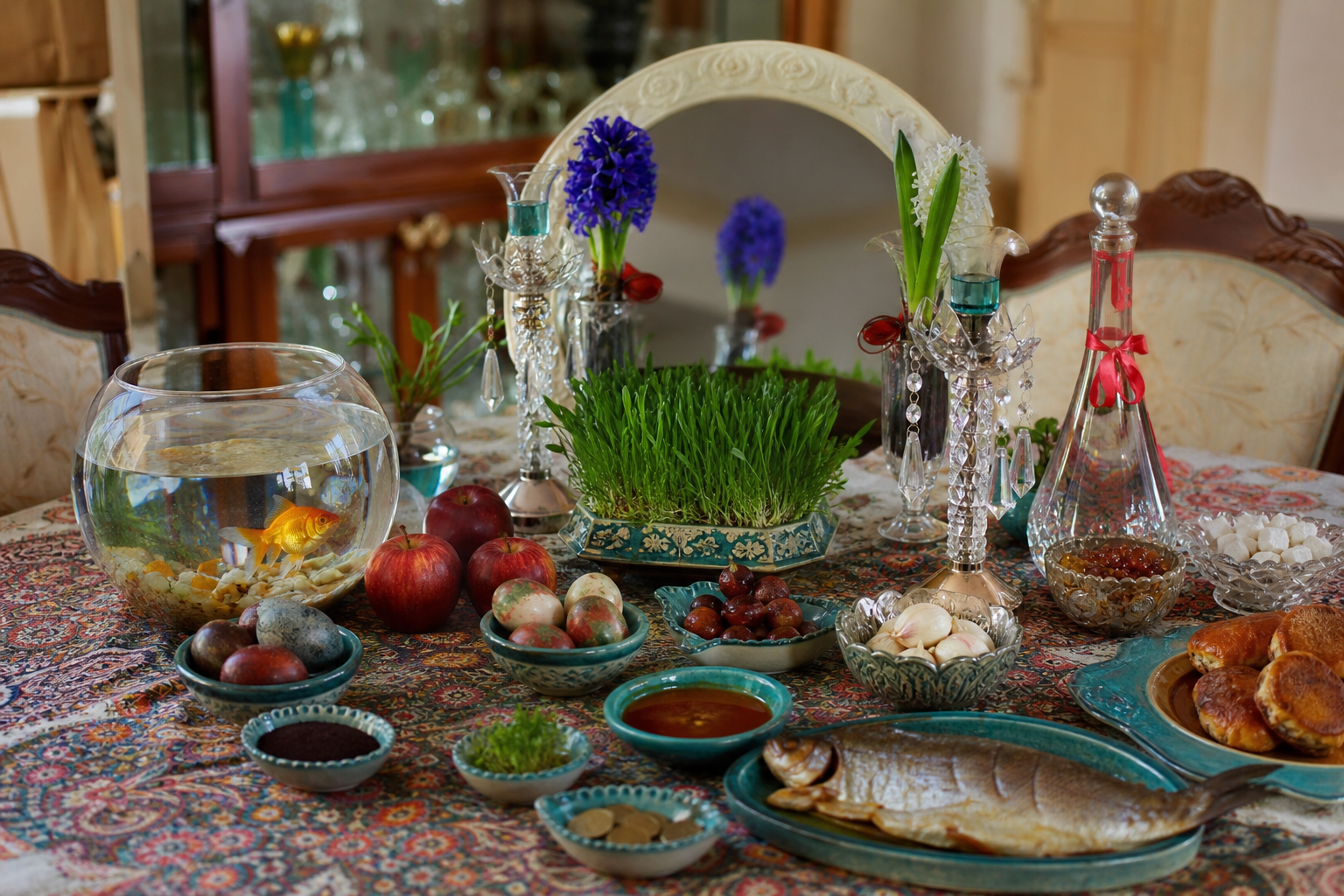 سفره هفت سین نوروز، نمادی از سنتهای غنی ایرانی که گاهی شامل محصولات حیوانی نیز میشود.
