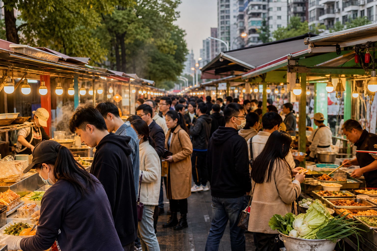 上海街头食品市场,展示了各种摊位和顾客