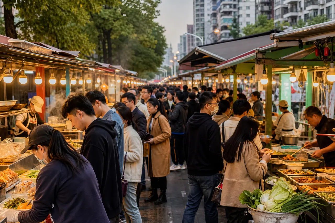上海街头食品市场,展示了各种摊位和顾客