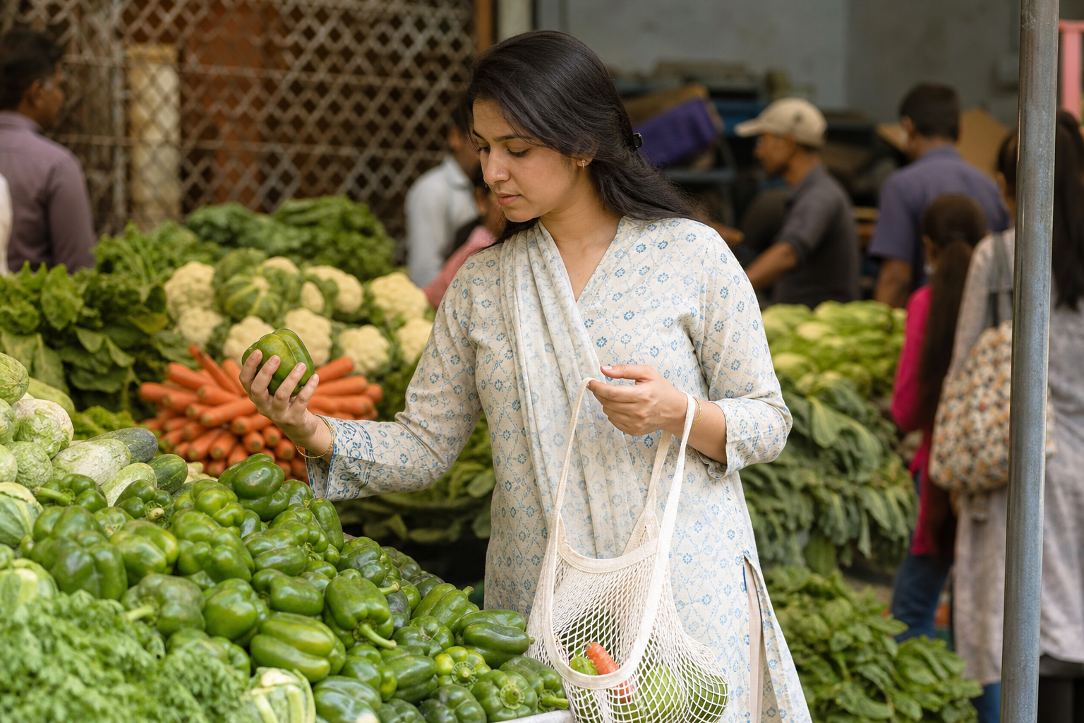 स्थानीय भारतीय बाजारों में ताज़ी सब्जियां खरीदना एक स्वस्थ शाकाहारी आहार की शुरुआत है।