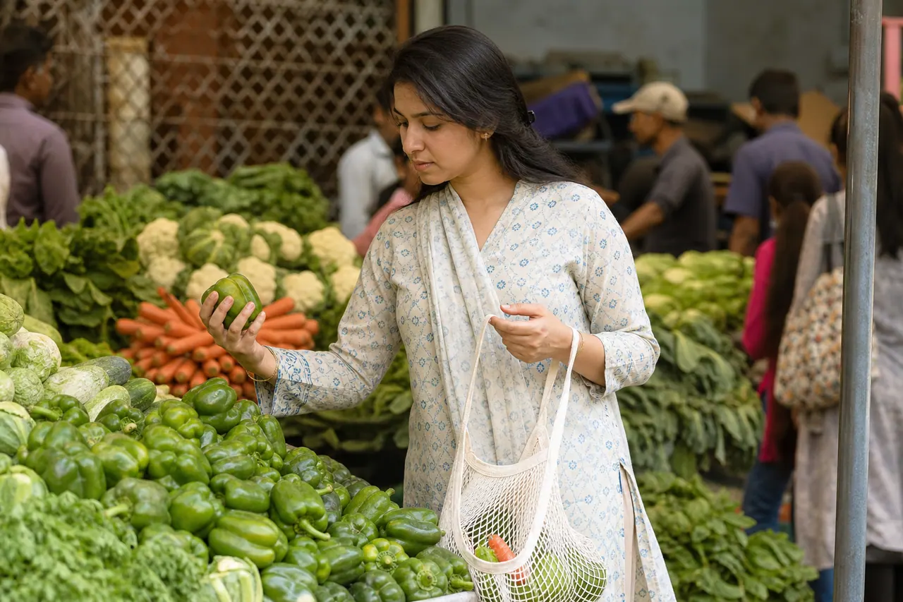 स्थानीय भारतीय बाजारों में ताज़ी सब्जियां खरीदना एक स्वस्थ शाकाहारी आहार की शुरुआत है।