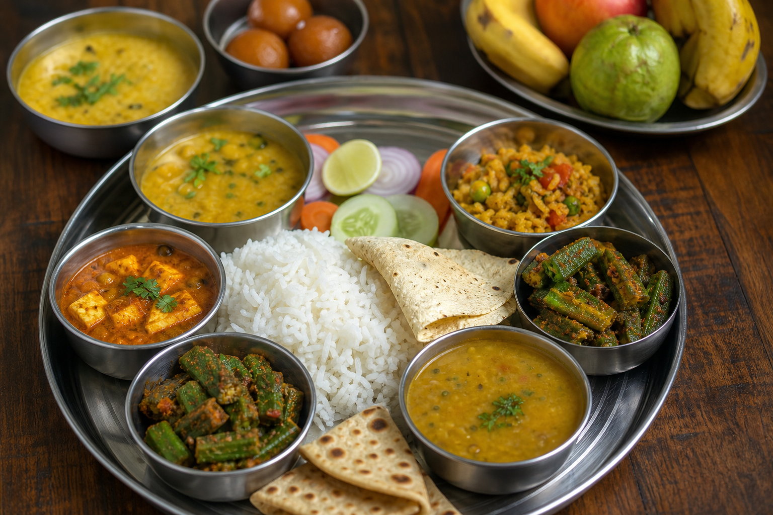 संतुलित भारतीय शाकाहारी भोजन में विभिन्न प्रकार के अनाज, दालें, सब्जियां और फल शामिल होते हैं।