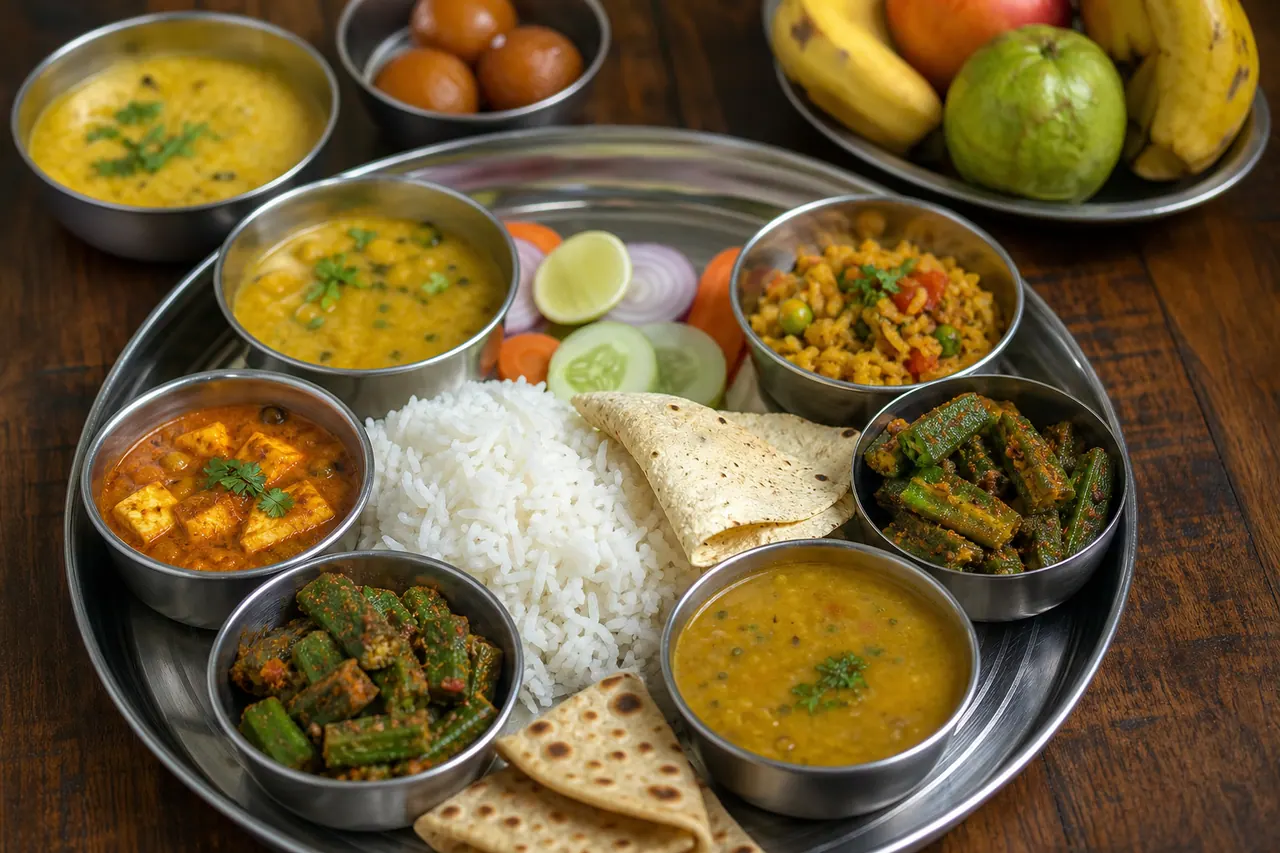 संतुलित भारतीय शाकाहारी भोजन में विभिन्न प्रकार के अनाज, दालें, सब्जियां और फल शामिल होते हैं।