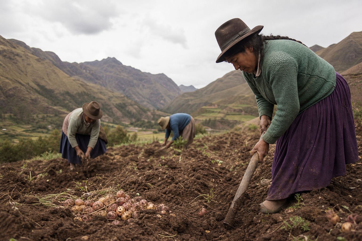 Andes urqukunapi runakuna chakrapi llamk'achkaspa.
