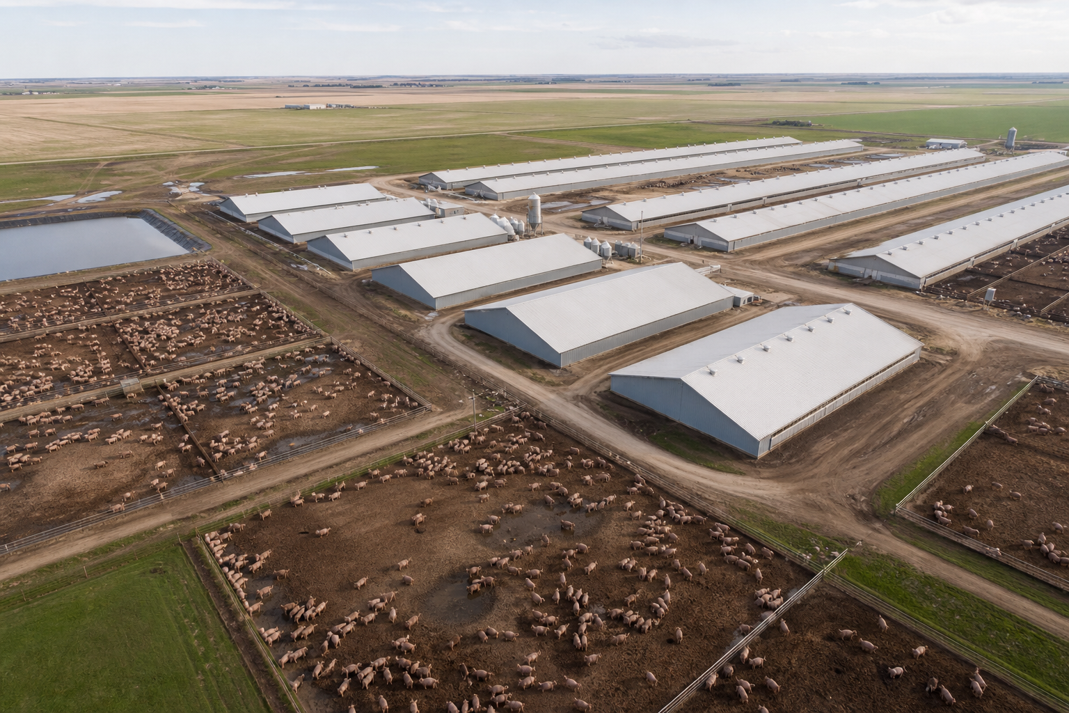 Vista aérea de una granja industrial con múltiples edificios y corrales.