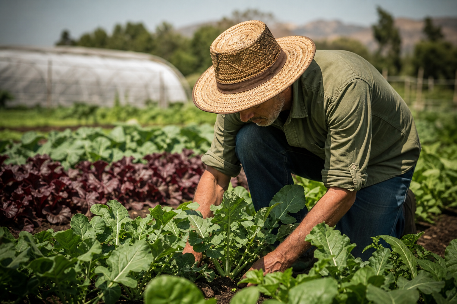 Agricultor trabajando en un huerto orgánico, representando la agricultura sostenible y la producción local de alimentos.