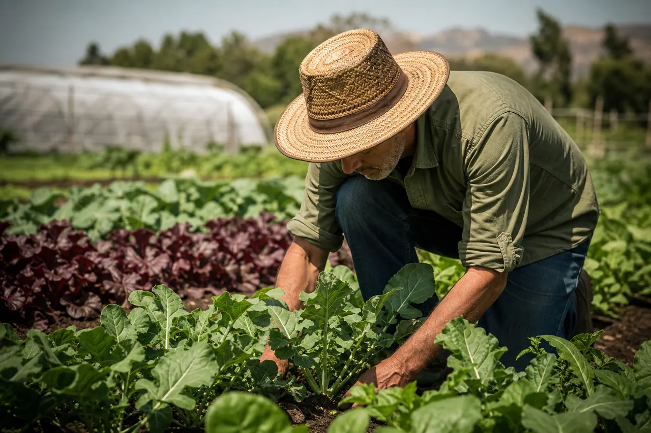 Agricultor trabajando en un huerto orgánico, representando la agricultura sostenible y la producción local de alimentos.