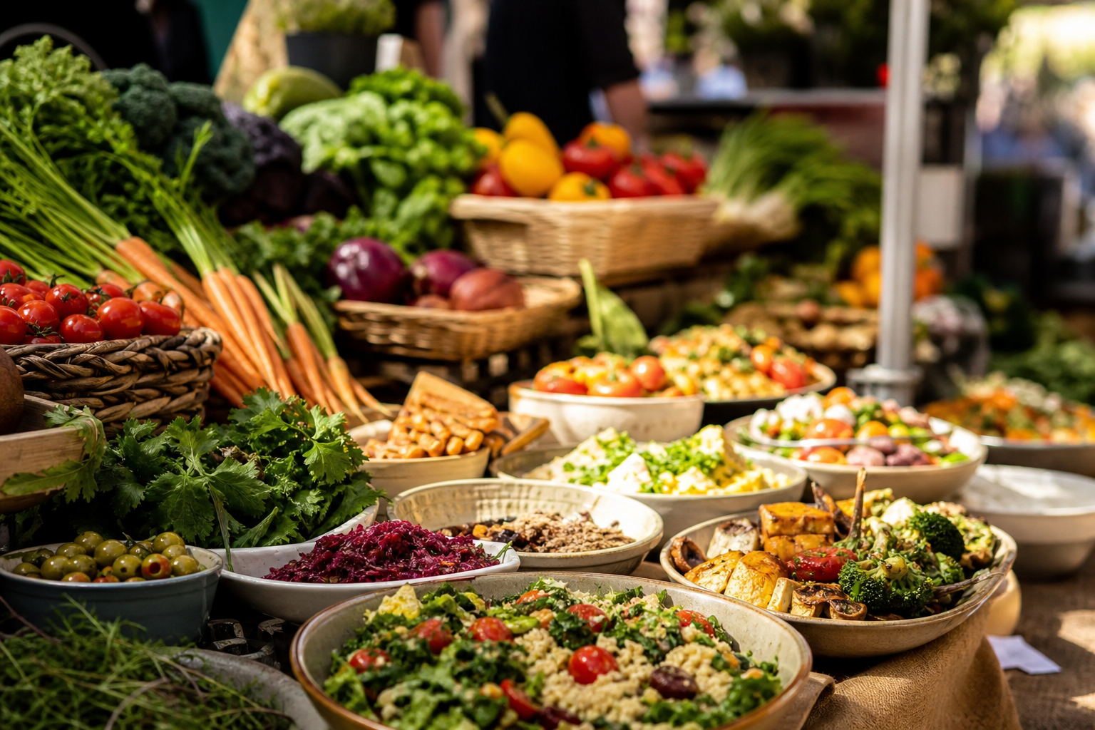Un puesto de mercado vibrante que ofrece una variedad de alimentos veganos frescos, representando la accesibilidad y atractivo de las dietas basadas en plantas.