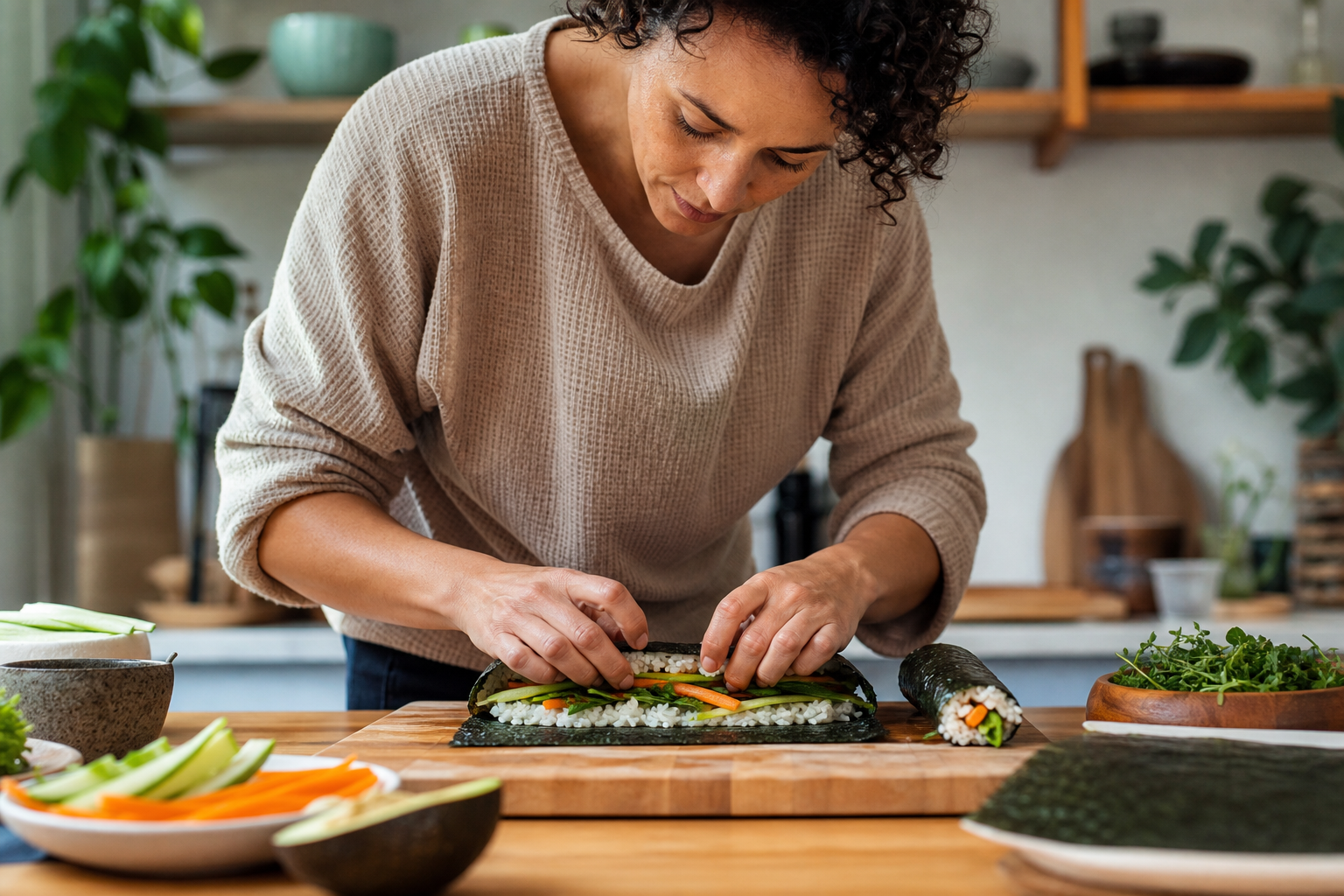 O nori, um tipo de alga marinha, pode ser usado para fazer sushi vegetal ou como um crocante em várias receitas.