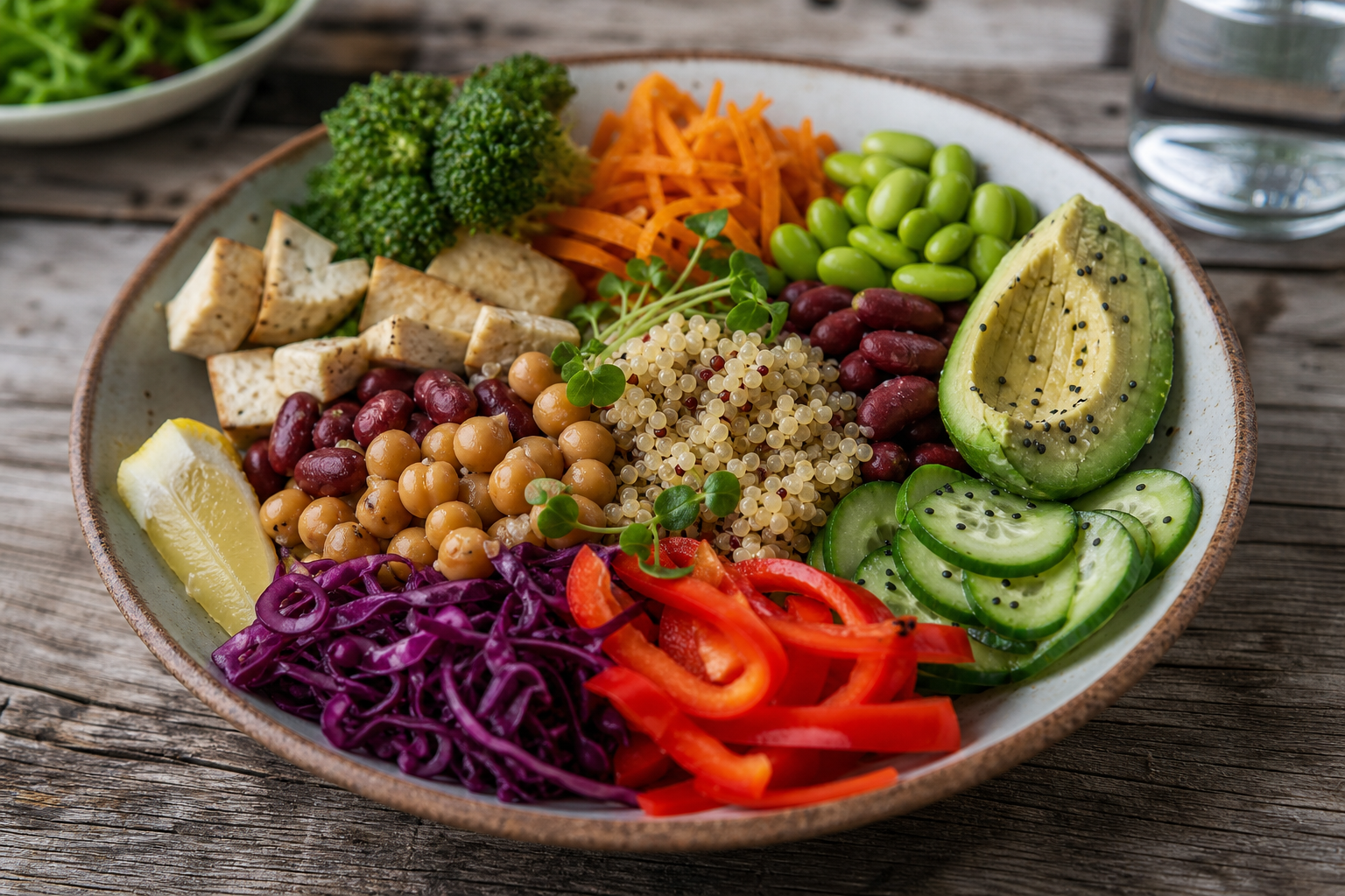 Une assiette colorée et équilibrée, riche en fibres, vitamines et protéines végétales.