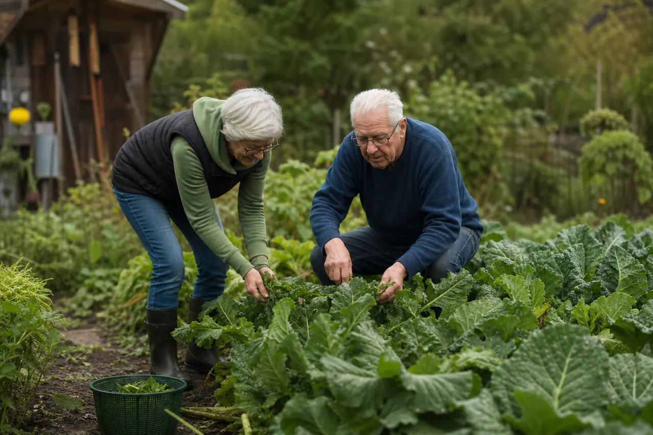 Älteres Paar im Kleingarten, das gemeinsam Gemüse pflegt.