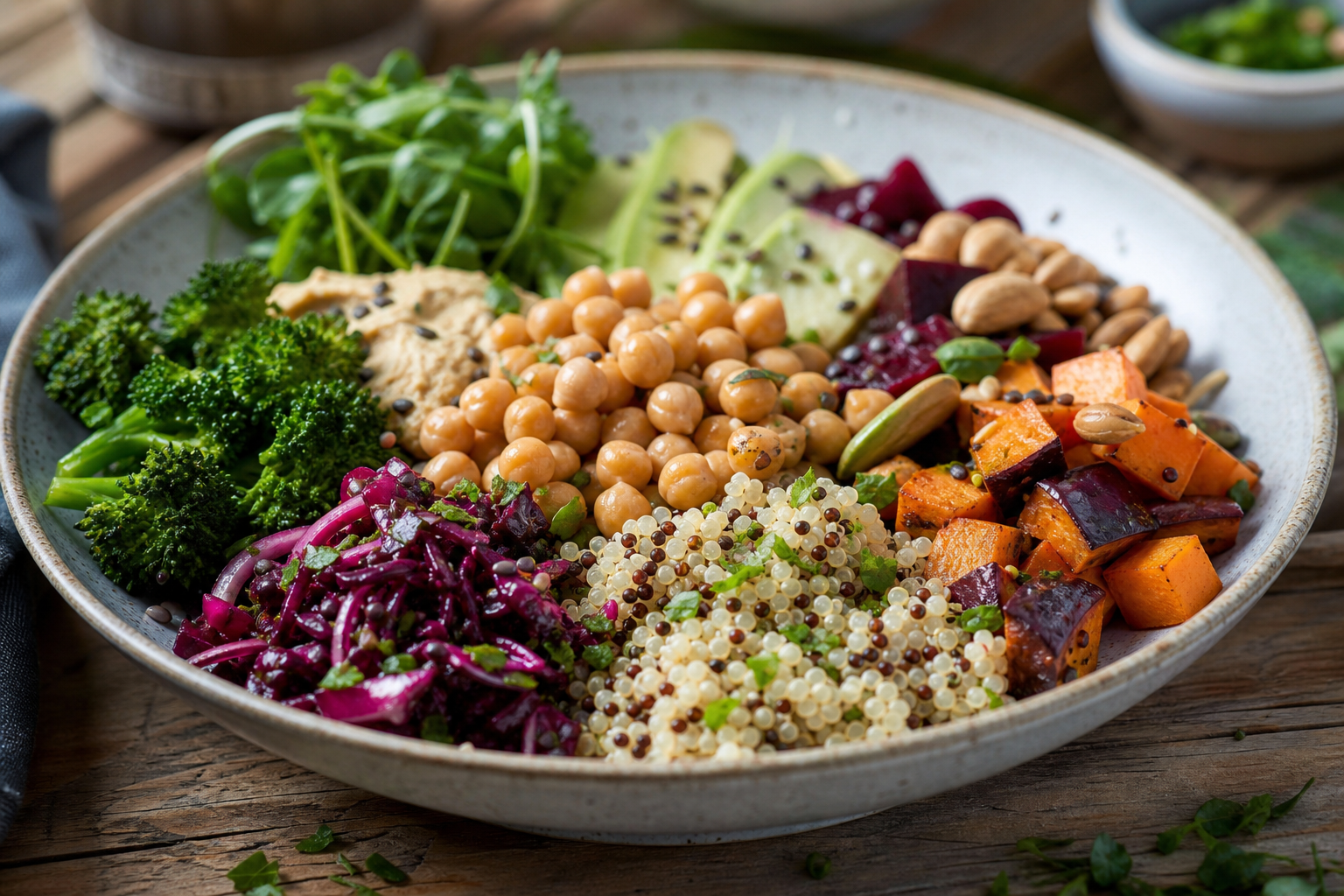 Eine ausgewogene vegane Mahlzeit, reich an Nährstoffen und Farben.